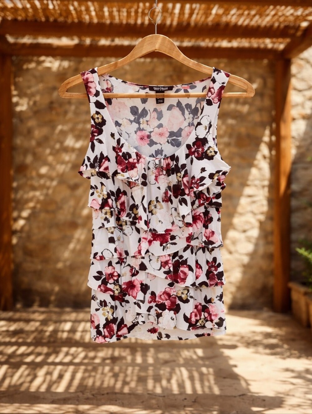 White House Black Market Floral Ruffle Tank Top - White with Pink Bloom
